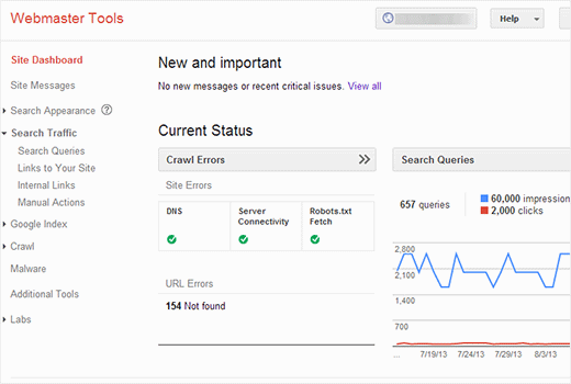 hom page of Google webmaster tools.